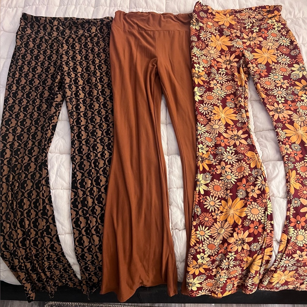 No Boundaries Trio of Flare Pants in Brown, Rust & Floral